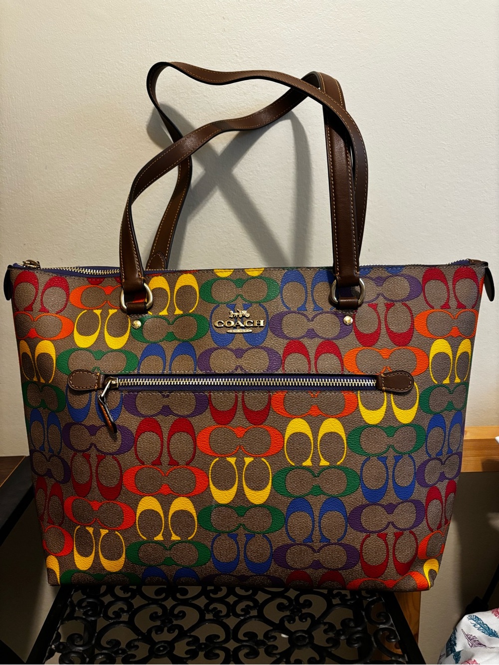 Coach Multicolor Signature Canvas Tote with Brown Leather Trim